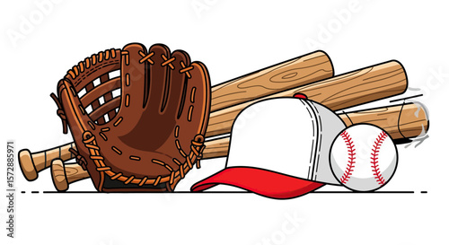 Baseball Glove Red White Cap Wooden Bats and Ball on White Background
