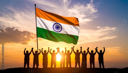 Celebrate India's national spirit with a group of people silhouetted against a vibrant sunset, raising their arms in victory below the large, waving Indian flag. This image symbolizes unity, pride, a