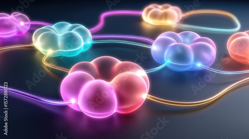 Glowing, interconnected abstract shapes resembling neural networks with vibrant, colorful lighting on a dark background.