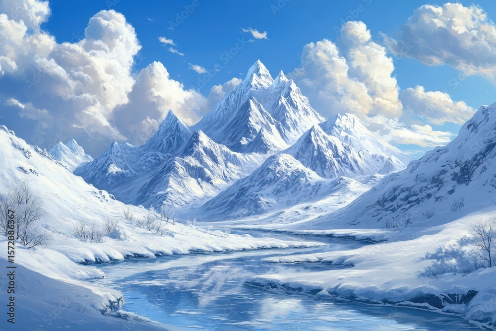 Obraz premium A winter landscape with snow-covered mountains and a frozen river.
