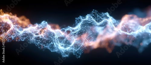 Abstract visualization of glowing, interconnected particles forming a wave-like digital network on a dark background.