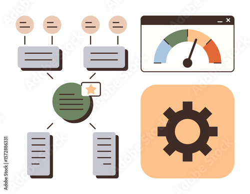 Workflow diagram with hierarchical structure, performance gauge, and gear representing optimization. Ideal for efficiency, analytics, operations, systems, teamwork organization productivity. Simple