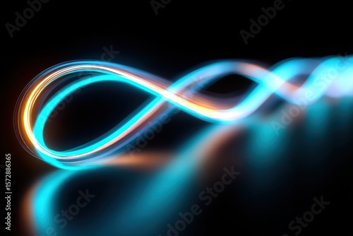 Glowing infinity symbol made of blue and orange light trails on a dark background.