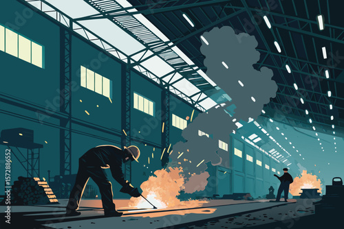 Panoramic vector view of metalworkers in a large factory.