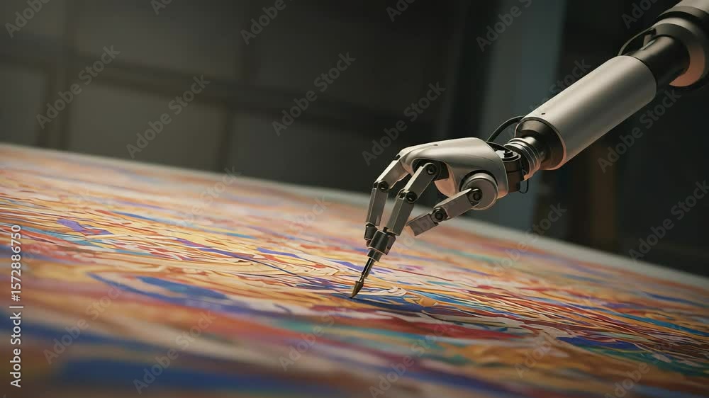 Robotic hand delicately drawing intricate patterns on a vibrant canvas in an artistic studio