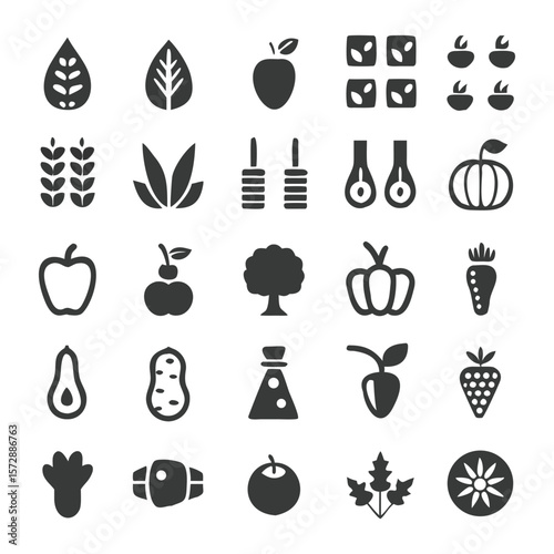 Simple flat icon set featuring fruits vegetables and leaves for design elements