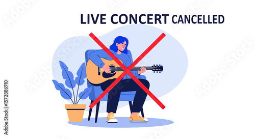 Young Woman Playing Acoustic Guitar Sitting on Chair with Red Cross Mark and Live Concert Cancelled Text
