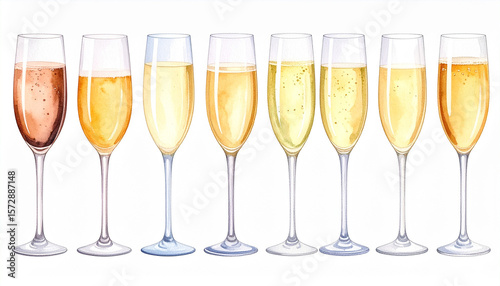 watercolor champagne glasses set isolated on a white background