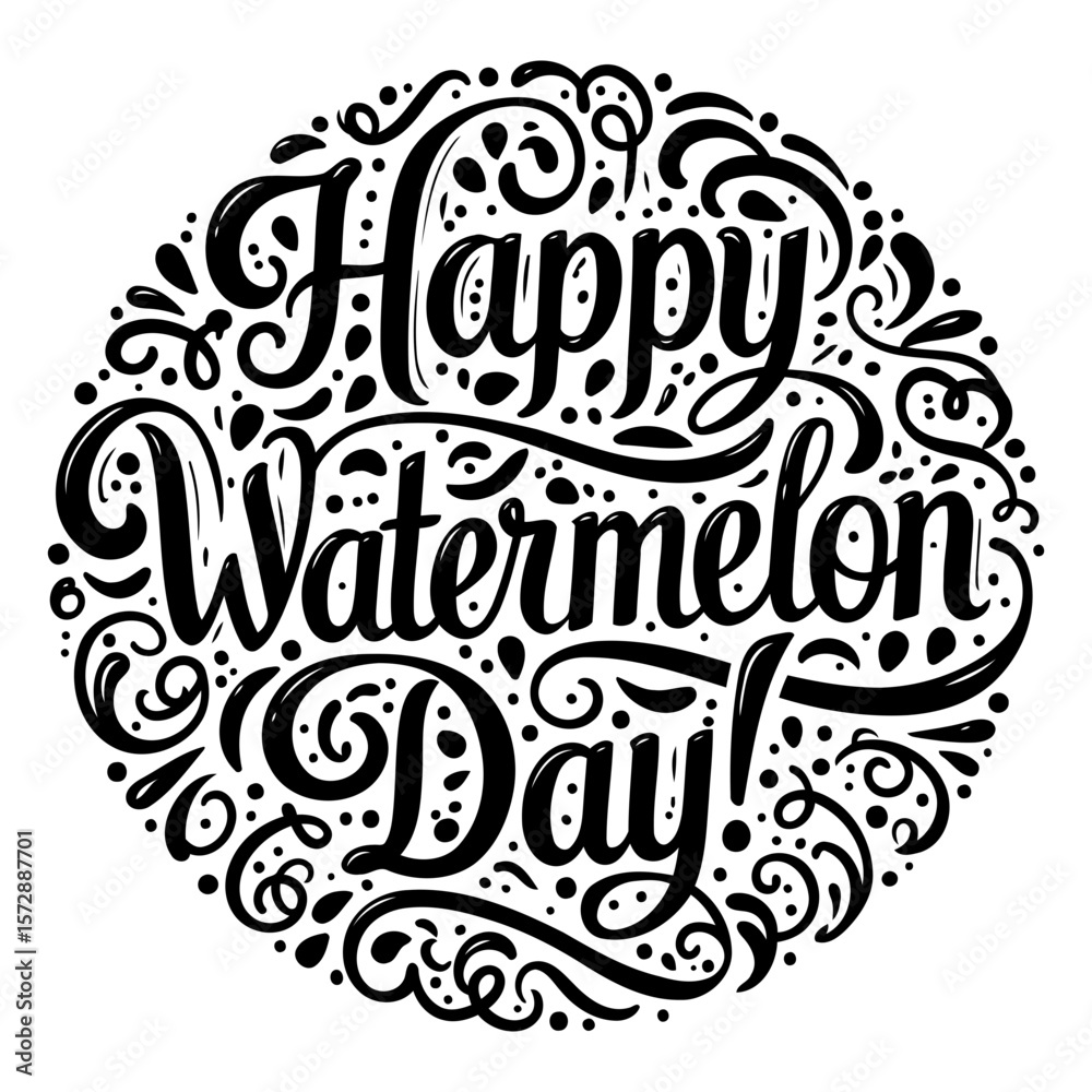 Obraz premium Happy Watermelon Day decorative lettering design in a circular format. Stylish typography with hand-drawn elements for celebration. Graphic design for seasonal event -