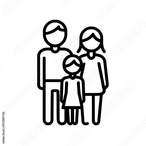 Family of three standing together in simple line illustration  