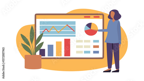 Illustration of a woman presenting data on a screen with charts and graphs next to a potted plant