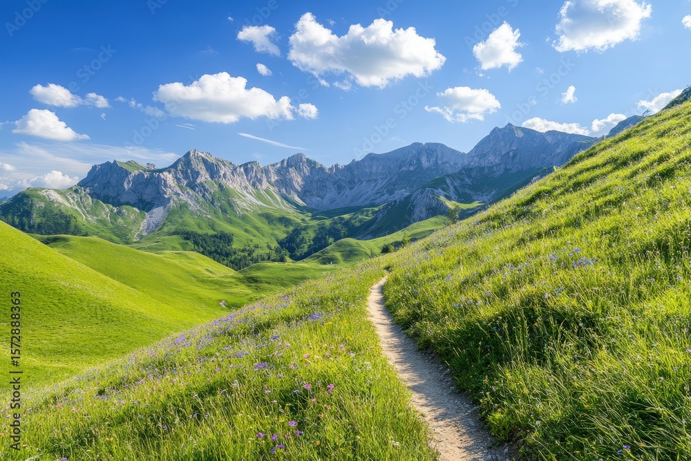 Fototapeta premium Scenic mountain path winding through lush green meadows.