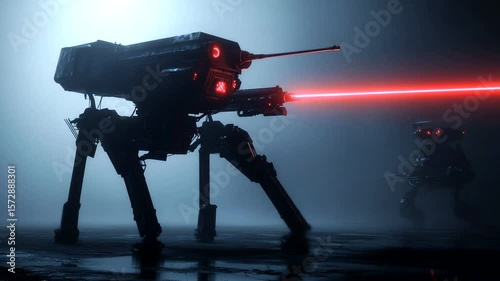 Futuristic war machine with red laser beam