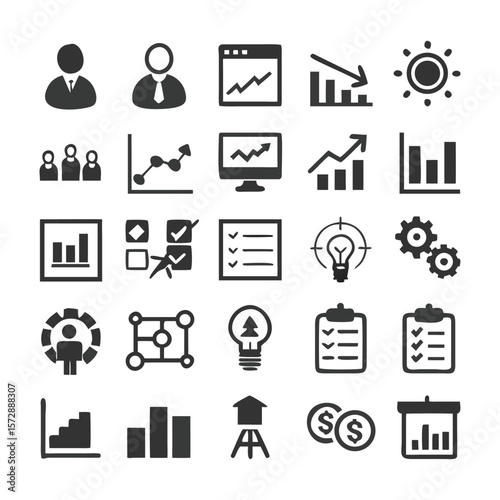 Collection of business and finance related icons depicting growth and data analysis