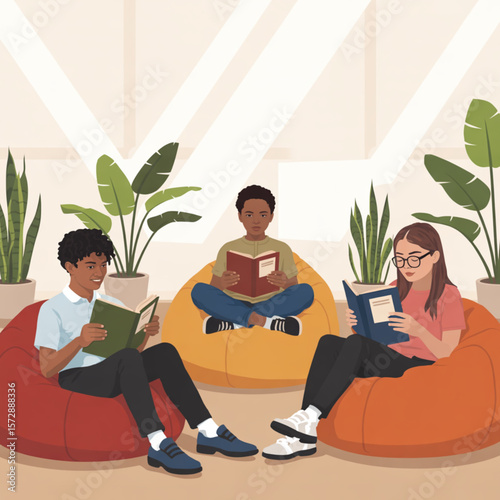 Calm Study Lounge with Diverse Students and Plants — Learning Environment Vector