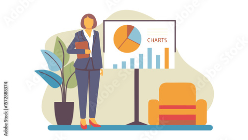 Woman in suit presenting charts on whiteboard with armchair and plant in an office setting indoors