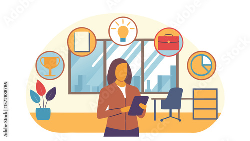 Illustration of a businesswoman in an office setting with business related icons around her head