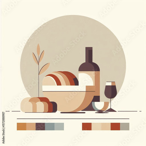 table with bread and wine, Stylized still life of wine, bread, and a plant in warm color palette