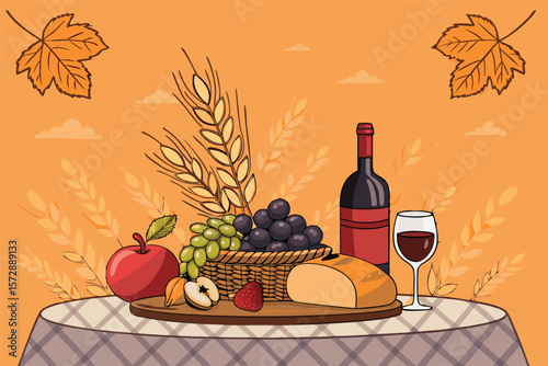 Rustic food table overflowing with harvest fruits and bread.