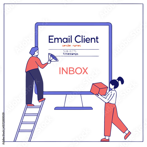 Modern digital illustration of two people interacting with a large computer screen displaying an email client inbox with sender names subjects and timestamps