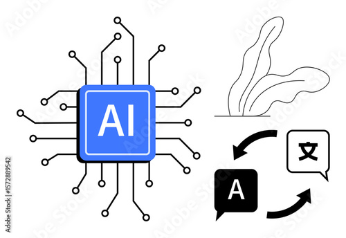 Central AI chip with circuit lines, language translation bubble icons, and organic plant shapes. Ideal for artificial intelligence, technology, multilingual communication, globalization, innovation