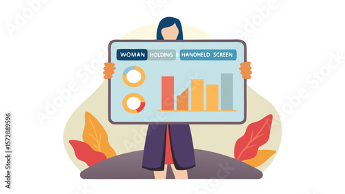 Illustration of a woman holding a screen displaying charts and graphs with leaves in the background design