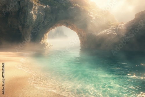 Fototapeta Naklejka Na Ścianę i Meble -  Sun-drenched beach cove with a misty archway.