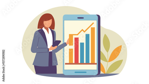 Woman in suit presenting a bar chart on a smartphone with leaves in the background in a presentation