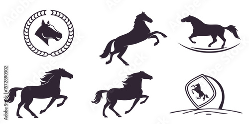 horse silhouettes, vector style, black and white, minimal art, simple shapes, logo design, brand identity
