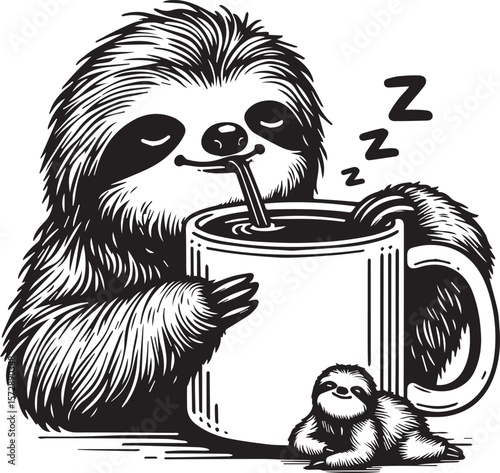 A sleepy cartoon sloth embraces a steaming mug of coffee, exuding relaxation and a cozy, cheerful mood, ready for a caffeine break.