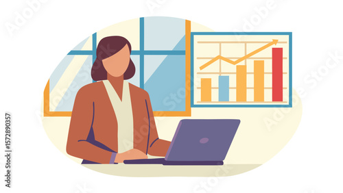 Illustration of a woman working on a laptop in front of a window and a graph showing business growth data