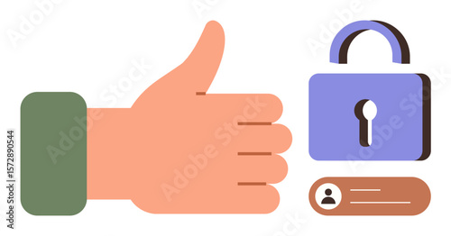 Thumbs-up gesture alongside a lock and user login badge, symbolizing security, privacy, access, authentication, identification, and approval. Ideal for cybersecurity, access control authentication