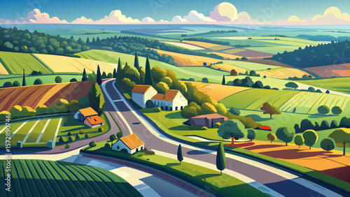 Very beautiful Aerial flight above rural road and fields in the English countryside