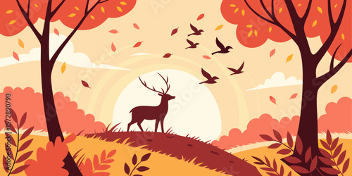 deer,autumn landscape,trees,leaves,birds,forest,nature,digital art,2d,stylized
