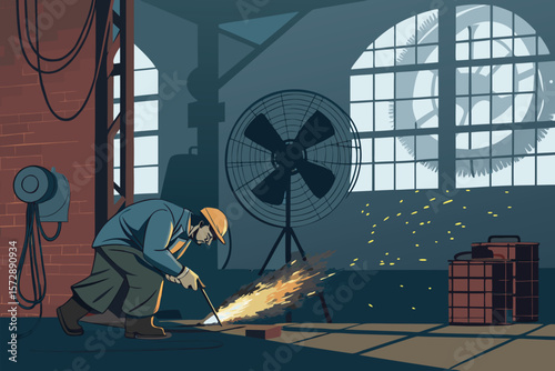Old-school manual welding scene, vintage industrial vector art.