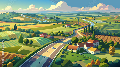Very beautiful Aerial flight above rural road and fields in the English countryside