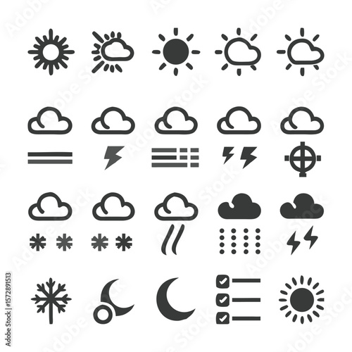 Collection of illustrated weather icons representing different climate conditions and atmospheric phenomena