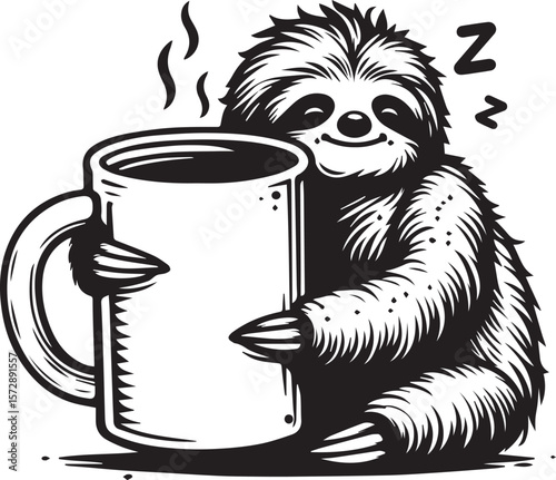 A sleepy cartoon sloth embraces a steaming mug of coffee, exuding relaxation and a cozy, cheerful mood, ready for a caffeine break.