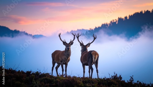 Two graceful deer stand atop a lush green hill, their silhouettes softly outlined against a misty background, creating a serene and tranquil atmosphere.