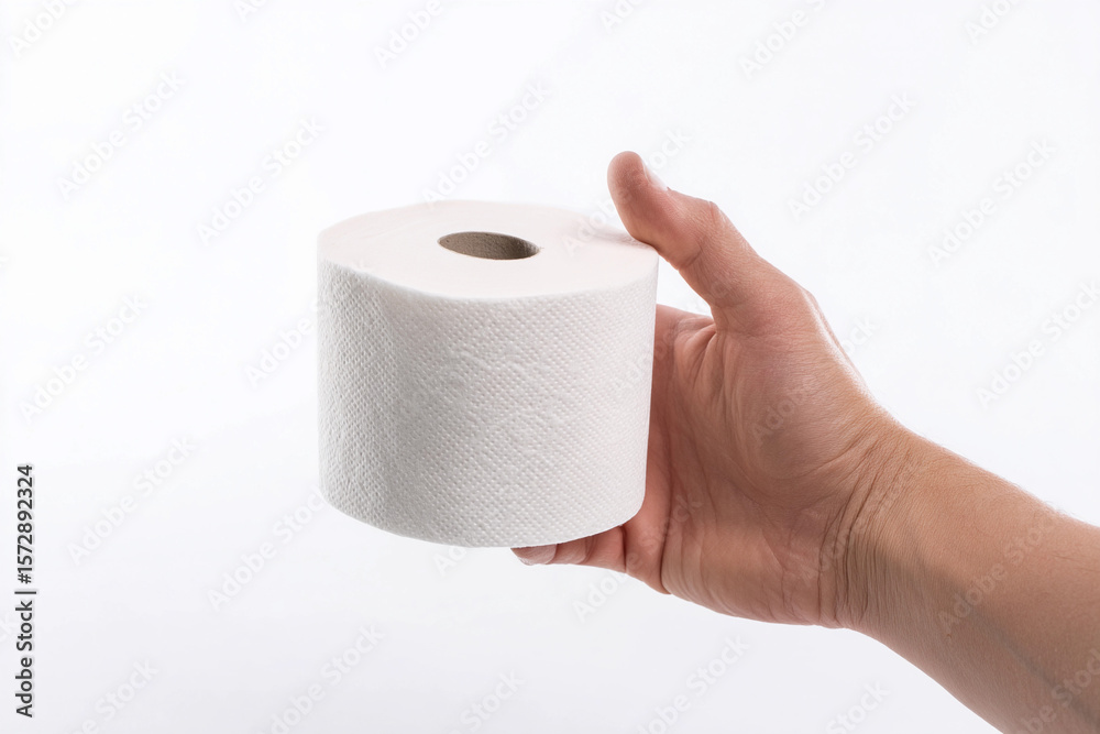 Obraz premium Hand holding a roll of soft toilet paper in a bright setting