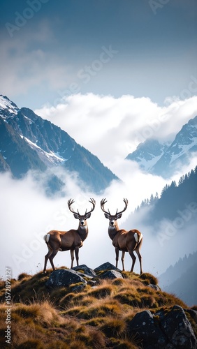 Two majestic deer stand gracefully atop a rugged mountain peak, their antlers silhouetted against a vibrant sunset sky, surrounded by lush greenery.