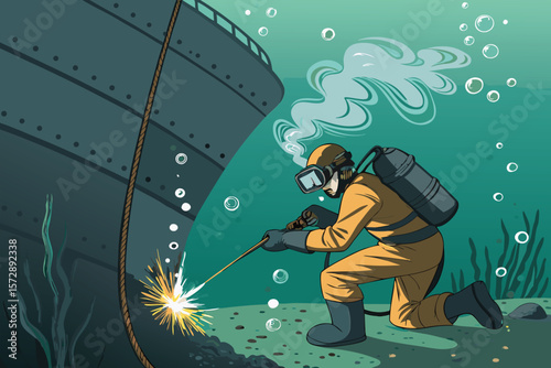 Underwater welding by a diver in a vibrant vector scene.