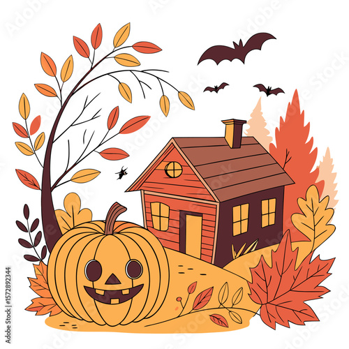 A charming cartoonish illustration featuring a grinning jack o lantern in the foreground with a rustic wooden house and autumn trees in the background under a sky with flying bats