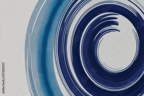 Minimalist abstract watercolor with textured navy spiral brushstrokes, gradient blue wash, and dynamic circular motion on white canvas 