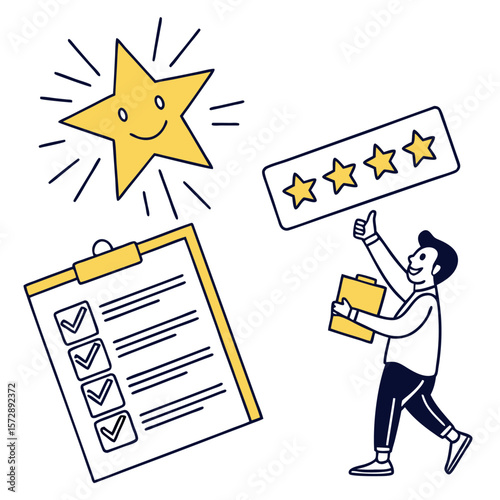 Man gives thumbs up with clipboard and stars indicating excellent customer satisfaction survey results and positive feedback with a happy star symbol