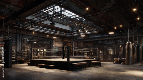 Boxing gym interior featuring a ring and training equipment