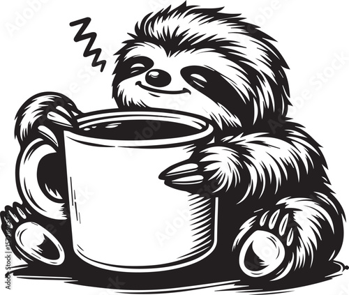 A sleepy cartoon sloth embraces a steaming mug of coffee, exuding relaxation and a cozy, cheerful mood, ready for a caffeine break.
