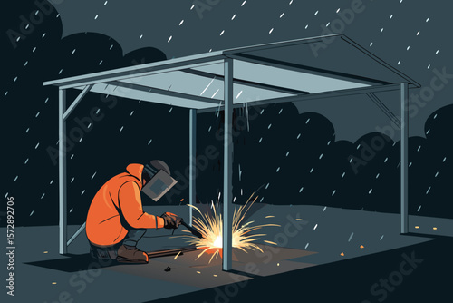 Vector scene of welder working in the rain under a makeshift shelter.