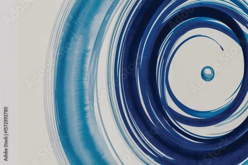 Minimalist abstract watercolor with textured navy spiral brushstrokes, gradient blue wash, and dynamic circular motion on white canvas 