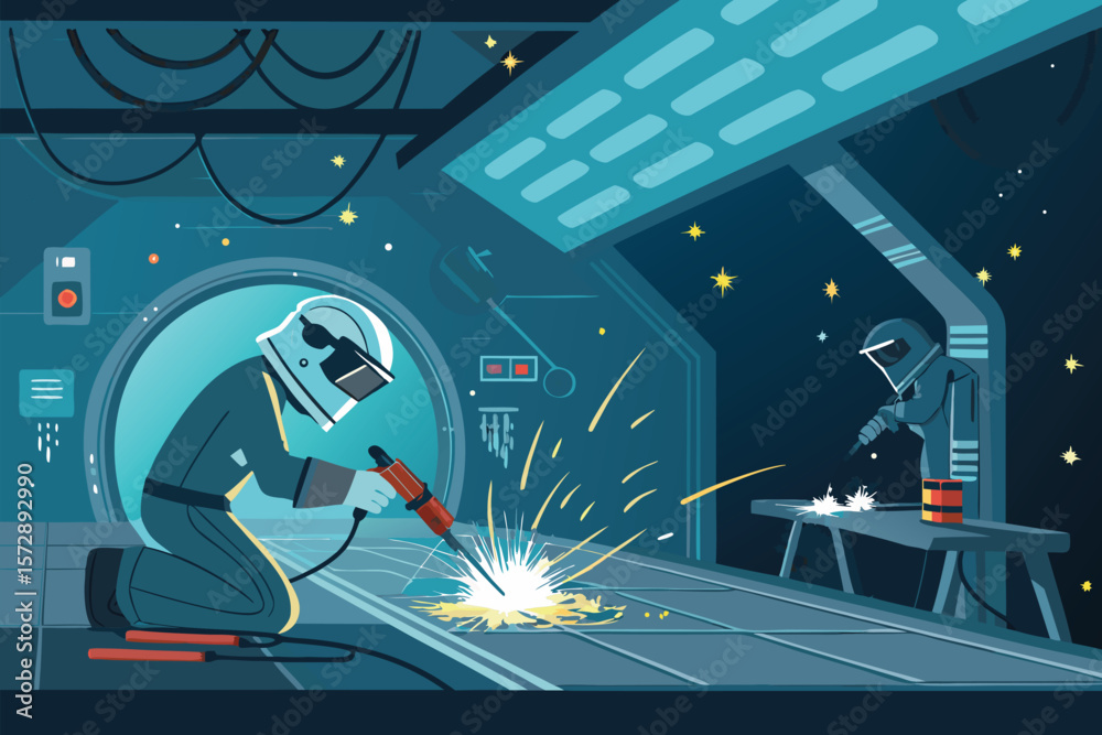 Naklejka premium Futuristic welding inside a space station maintenance bay.